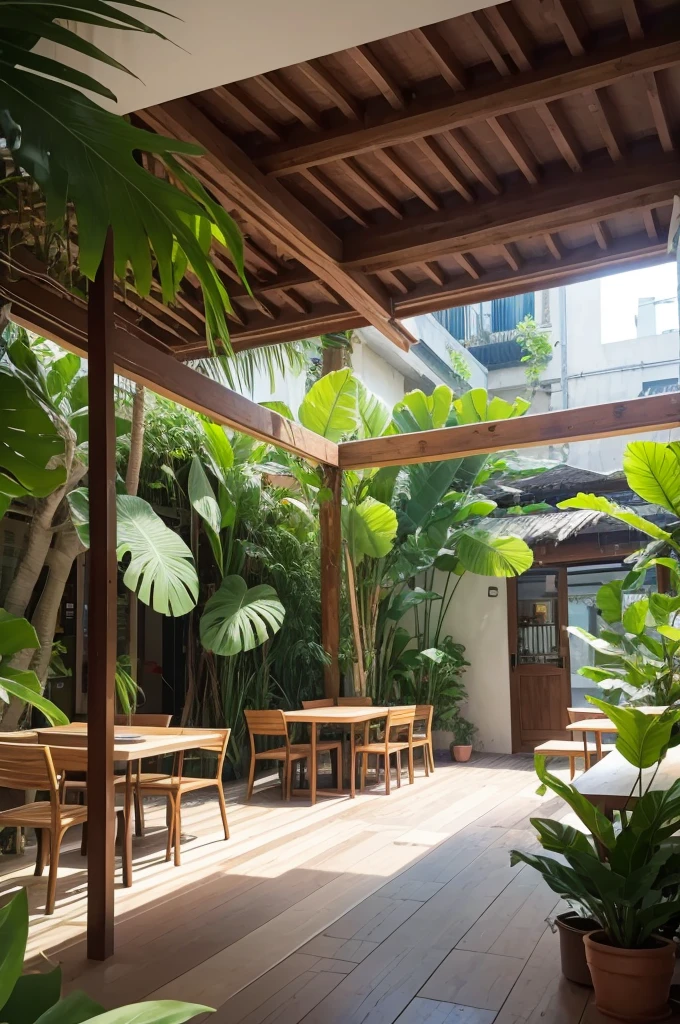 Create an environment for me, small full of tables and people sitting, tropical atmosphere