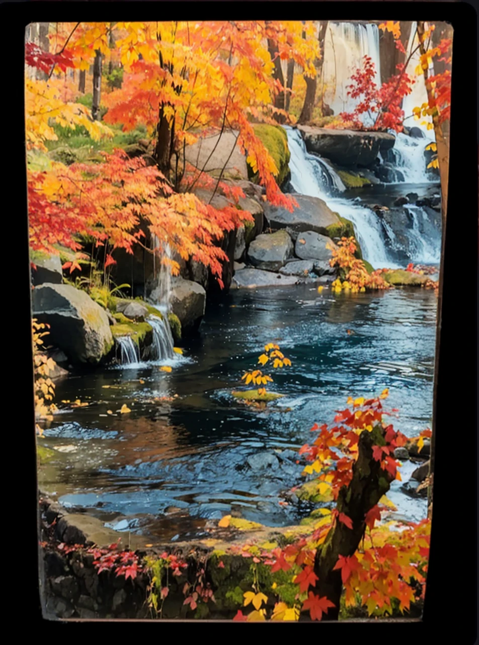 There is a beautiful waterfall in the upper right corner of the picture,In the lower right corner of the picture is a fishing figure with clear outlines,In the lower middle of the picture is a yellow cat with a clear outline,In the lower left corner of the picture, a beautiful woman with clear outline is taking a bath in the lake.。Valley lake scenery,Sparkling water surface,Red maple in autumn,terrain changes,The colors are distinct and blended,Clear changes in light and shadow,Silky smooth and delicate watercolor painting