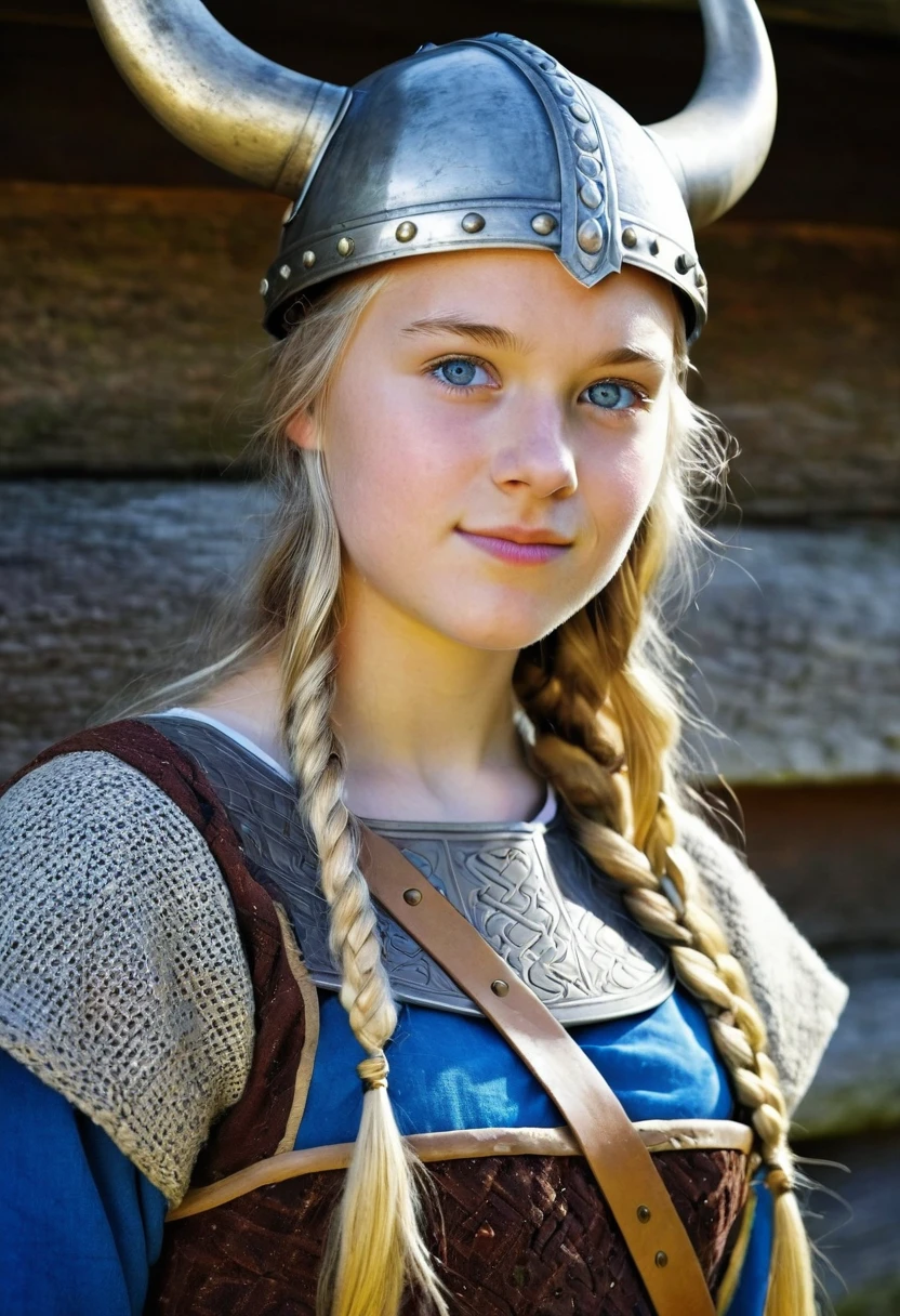 front view, Viking girl, century,  looking at viewer, Sweden Young girl, beautiful female, 18 years old, (Highly detailed face, Ordinary eyes, Blue  eye,  gold hair, Variegated eyes, Fuller lips, little Lips, little smile), (Middle breasts, Slender Whist, Middle Hip) ,(Viking costume, clothes, Viking helmet), standing pose, in log house