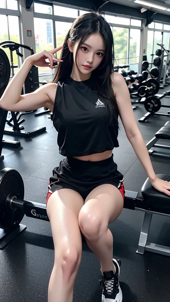 High-definition CG,super high quality,masterpiece,Rich details,woman,Black sports vest,Sweat pants,Uneven body shape,Fair skin, Work out at the gym,Sweat,Her long black hair is a little messy,Sweat Legs,training