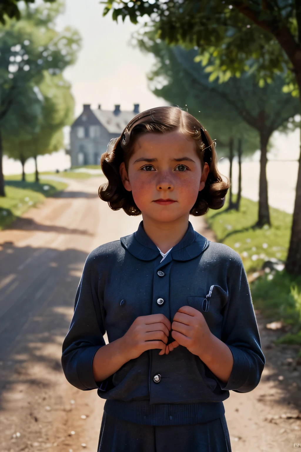 France, 1940. A little ((((12-year-old)) Marie-Laure LeBlanc)), freckles, in a country road, ((worried expression)), ((((clothings from the 1940s)))), ((dark hairstyle of the 1940s))