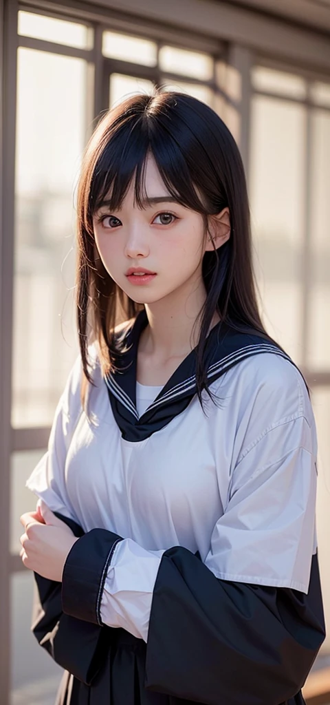 (1 nogizaka girl,15years old face,raw photo,photo realistic:1.5),(best quality, high quality,HDR, highest quality,ultra high resolution,high resolution,high res,ultra high difinition,huge file size,8K,2K wallpaper,8K wallpaper,high quality texture,amazing,an extremely delicate:1.4),one girl, Japanese famous idol,cute face,small face,absurd,ridiculous,incredibly ridiculous,blurry background,(school uniform,sailor suit,short hair,cleavage,no makeup:1.2),medium skin,beautiful skin,detailed skin,black hair,silky hair,black eyes,Japanese nose,5-fingers,(Light Particles, Lens Flare, Luminous Particles: 0.7),looking at viewer,bright lighting,professional lighting,girl