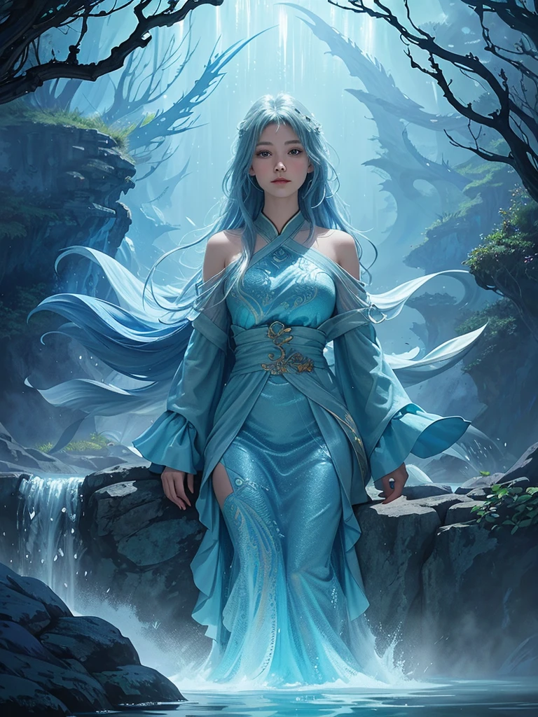 Create an illustration of a person with water dragon powers. The individual should be depicted in an epic fantasy style, surrounded by swirling water and ethereal blue light. They should have dragon-like features such as scales and glowing eyes. The background should feature a majestic waterfall and misty mountains, with the dragon spirit visible in the water currents, creating a sense of awe and magical power