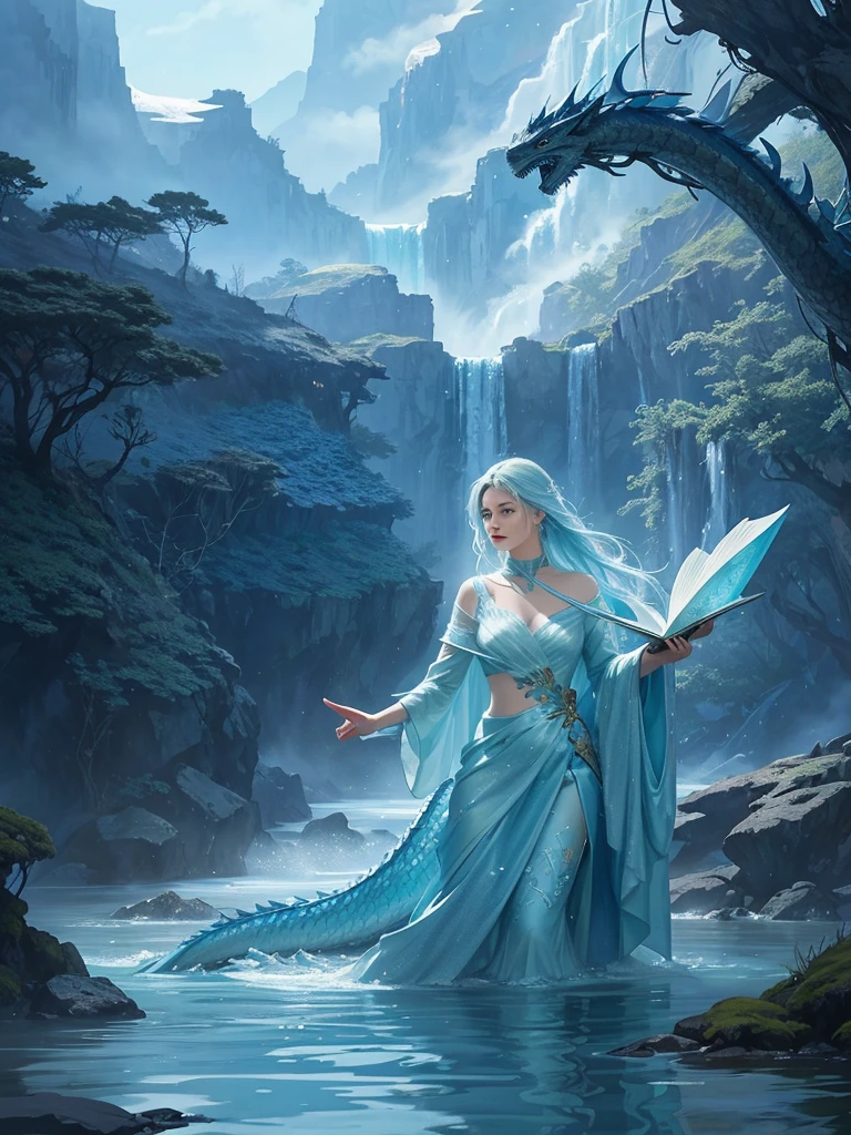 Create an illustration of a person with water dragon powers. The individual should be depicted in an epic fantasy style, surrounded by swirling water and ethereal blue light. They should have dragon-like features such as scales and glowing eyes. The background should feature a majestic waterfall and misty mountains, with the dragon spirit visible in the water currents, creating a sense of awe and magical power