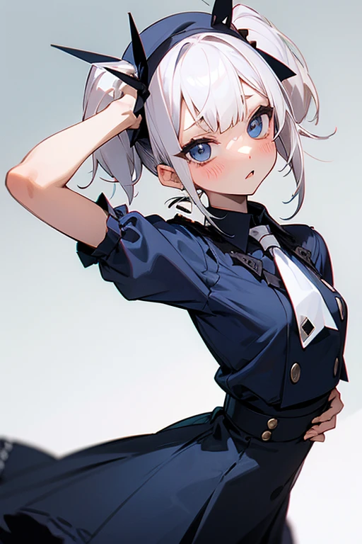 best quality, masterpiece, highres, solo, {hamakaze_kantaicollection:1.15}, blue_eyes, short_hair, grey_hair, hairclip, hair_ornament, hair_over_one_eye, breasts, large_breasts, blush, serafuku, 1girl, alternate_costume, looking_at_viewer, ribbed_sweater, simple_background, sweater, turtleneck, long_sleeves, upper_body, white_background, open_mouth