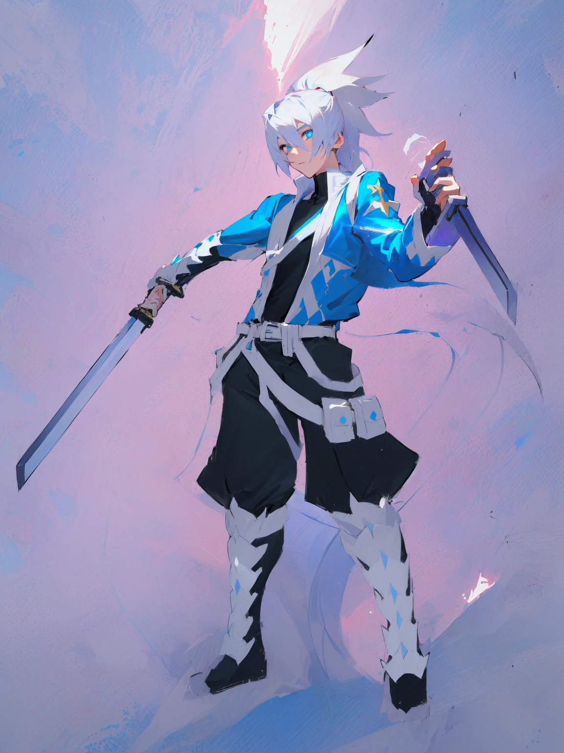 sketches of a drawing of a androgynous young boy with 2 swords, an anime drawing, detailed fanart, hero 2d fanart artsation, ( ( character concept art ) ), anime drawing, game art!!, with out shading, anime shading), dramatic wielding sword pose, anime shading, white hair, glowing blue eyes, pale skin, black ninja pants, black vest, blue belts, short blue jacket, very long ponytail