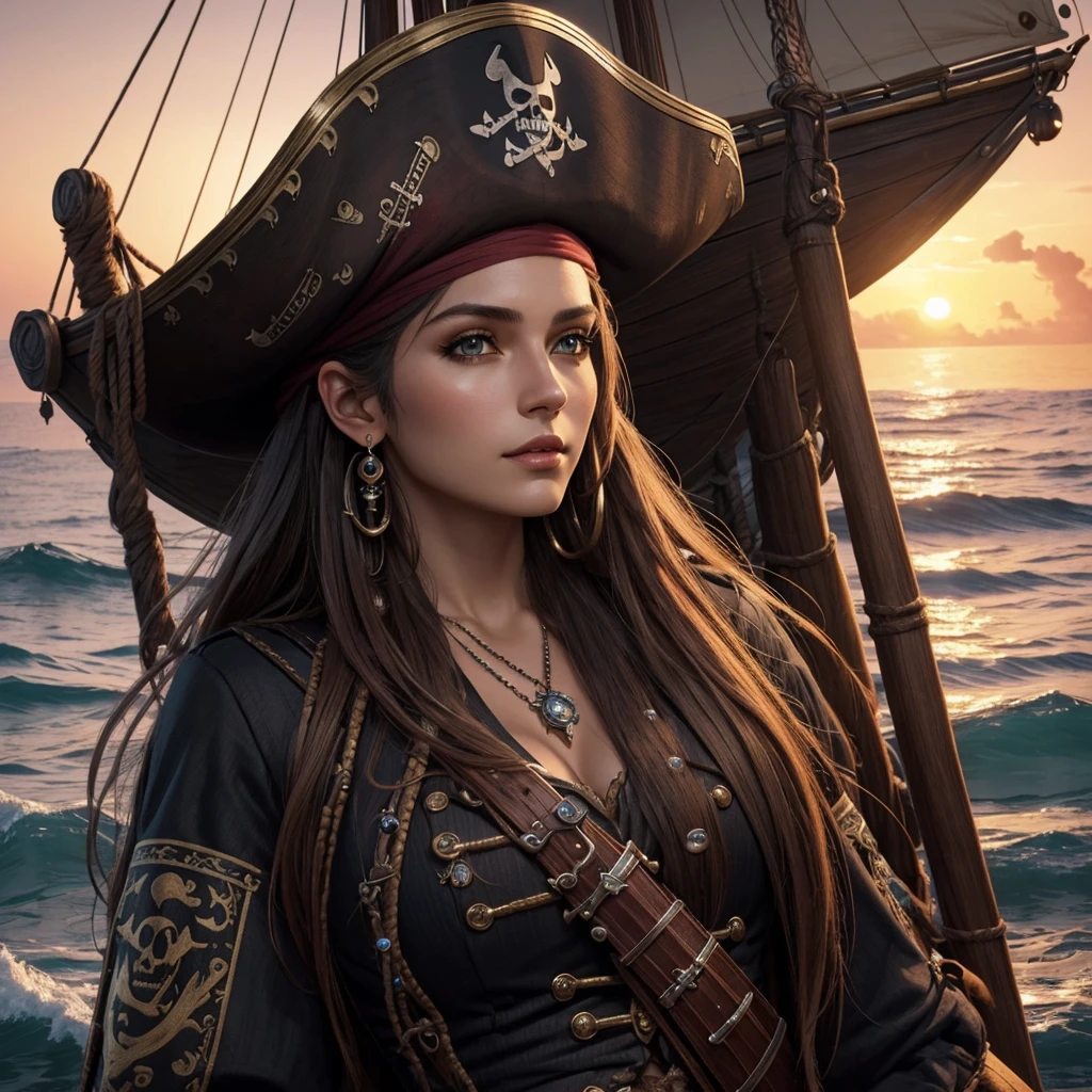 a beautiful female pirate with a hat, intricate detailed face, long flowing hair, detailed eyes, detailed lips, pirate hat, pirate outfit, pirate ship, ocean, sunset, dramatic lighting, fantasy, cinematic, highly detailed, 8k, photorealistic, hyper-realistic, masterpiece, award-winning