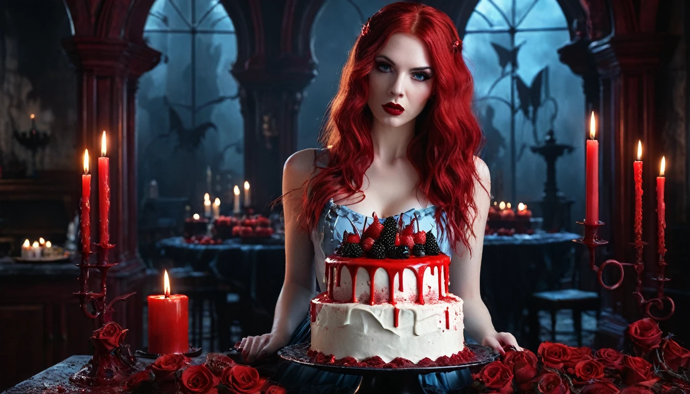 a  picture of extremely (beautiful (1) female vampire: 1.4) looking at (red MasterChef style cake: 1.5), an exquisite (1) beautiful vampire, full body, ultra feminineת (ultra detailed face: 1.2), blond hair, short hair, pale skin, red lips, blue eyes, (vampiric fangs: 1.2) wearing sexy white seductive latex dress, blood stains on the dress, looking at a red Bakeoff, award winning cake, 2 floors, decorated with red whipped cream, and artful stylish decorations, blood dripping from the cake, dark castle style kitchen background, dim candles light, dark fantasy art, gothic art, dynamic angle, best details, best quality, 16K, [ultra detailed], masterpiece, best quality, (ultra detailed), full body, ultra wide shot, photorealistic,