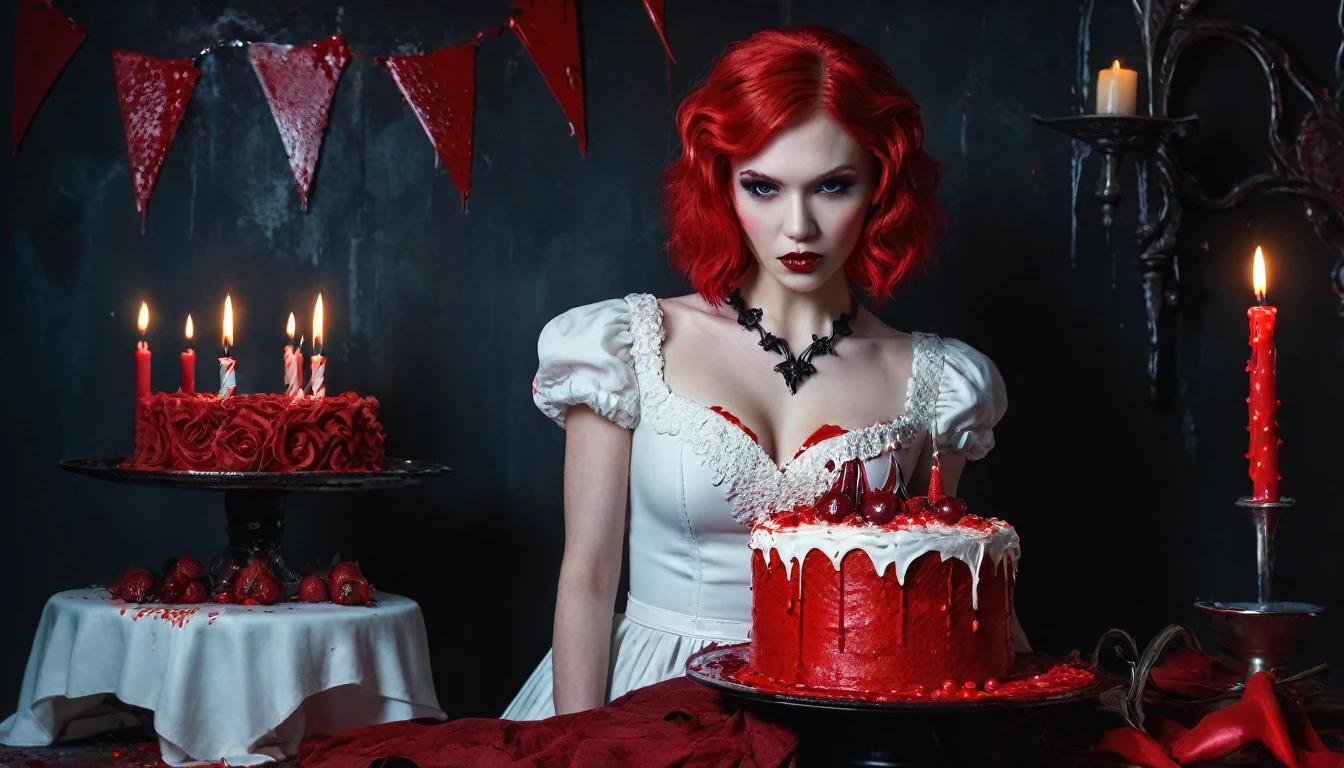 a 3D picture of extremely (beautiful female vampire: 1.4) looking at (red MasterChef style cake: 1.5), an exquisite beautiful female minotaur, ultra feminine ultra detailed face, red hair, short hair, pale skin, red lips, blue eyes, wearing sexy white seductive latex dress, blood stains on the dress, looking at a red Bakeoff, award winning cake, 2 floors, decorated with red whipped cream, and artful stylish decorations, blood dripping from the cake, dark castle style kitchen background, dim candles light, dark fantasy art, gothic art, dynamic angle, best details, best quality, 16K, [ultra detailed], masterpiece, best quality, (ultra detailed), full body, ultra wide shot, photorealistic, 3D rendering,