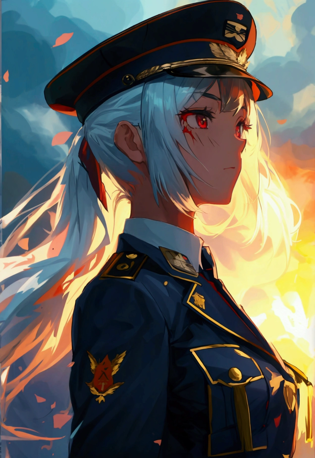 Anime is a military girl wearing a dark blue uniform with dark red elements. Black eyes, white long hair, and a scar on her neck.
