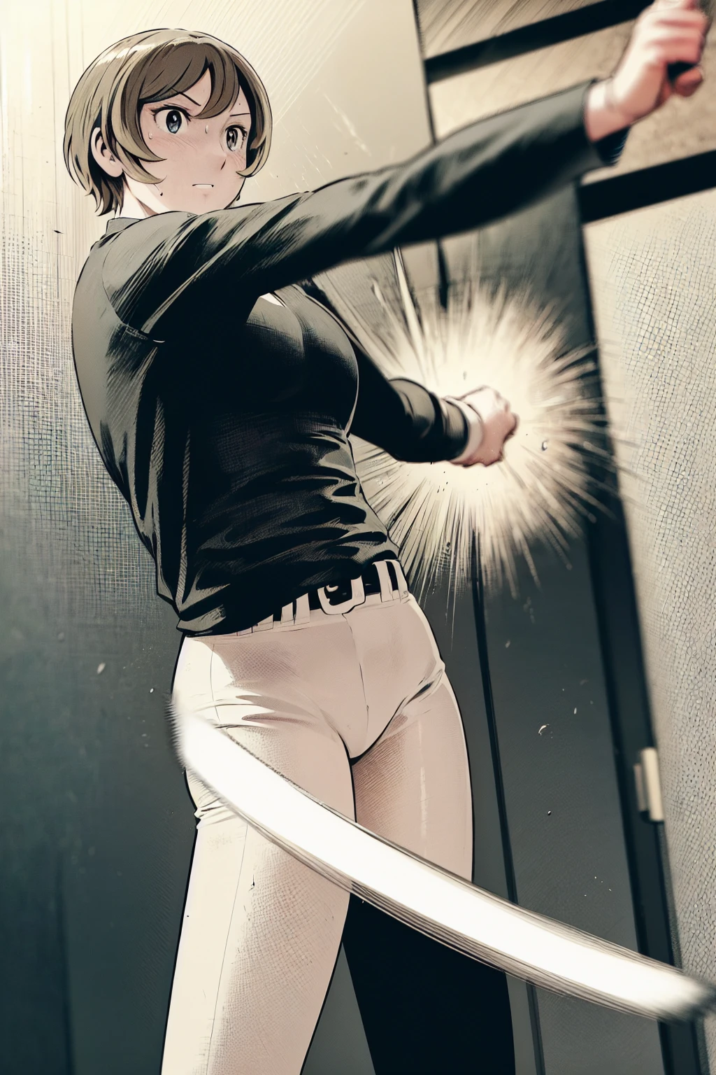 (野球uniform:1.2),
Blonde, (short hair:1.2),Long sleeve, Black Shirt, turtleneck,White trousers、uniform、Black belt、((Illustration of a person))、big 、
View your viewers,, (Highest quality:1.3),One Girl, White pants、uniform、Outdoor、baseball ground、ground、soil、blue eyes、Tight black shirt、(masterpiece、Highest quality)、Highest quality, Ultra-high resolution, (((masterpiece))), alone, Sweat、big eyes、big Breasts、Torn clothes、 fully exposed、Nipples、One Girl, Front view、Embarrassed face、Bronze colored hair、((short hair))、Stand up straight、Cowboy Shot
