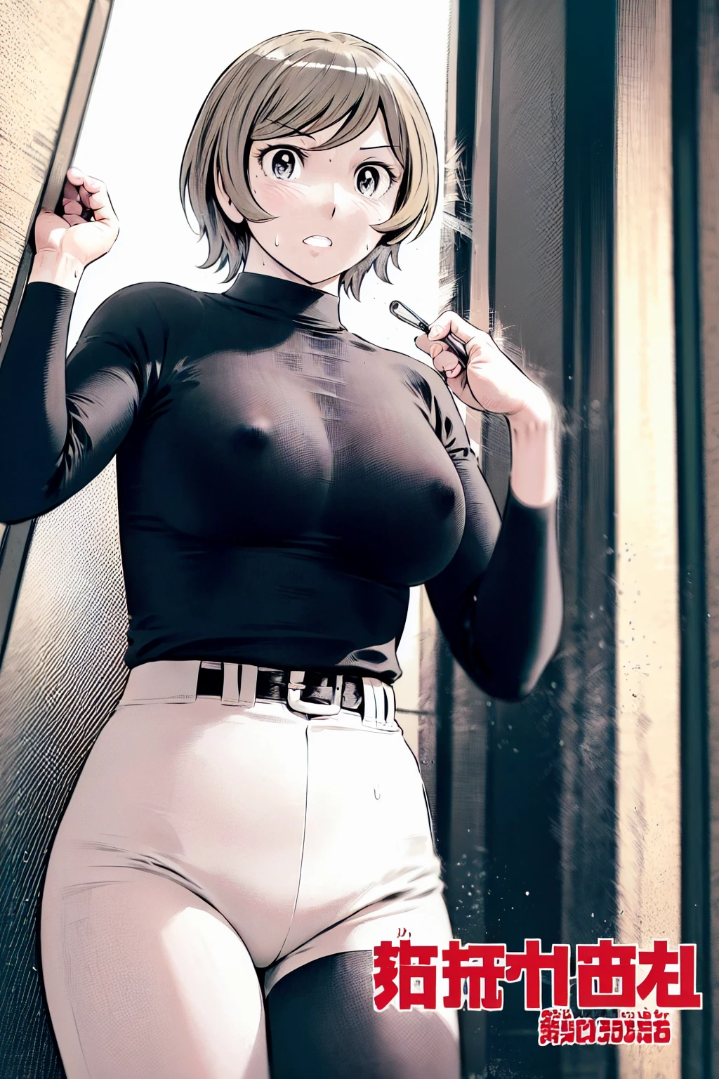 (野球uniform:1.2),
Blonde, (short hair:1.2),Long sleeve, Black Shirt, turtleneck,White trousers、uniform、Black belt、((Illustration of a person))、big 、
View your viewers,, (Highest quality:1.3),One Girl, White pants、uniform、Outdoor、baseball ground、ground、soil、blue eyes、Tight black shirt、(masterpiece、Highest quality)、Highest quality, Ultra-high resolution, (((masterpiece))), alone, Sweat、big eyes、big Breasts、Torn clothes、 fully exposed、Nipples、One Girl, Front view、Embarrassed face、Bronze colored hair、((short hair))、Stand up straight、Cowboy Shot