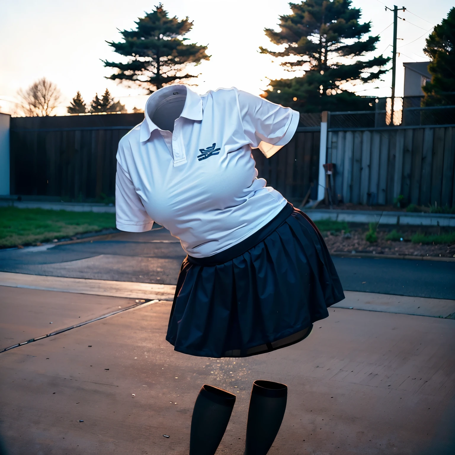 (from side), leaning forward, Clothing Details, (invisible, no humans, headless, faceless:1.5), black tights, fat, chubby, cute big breast, school polo shirt, (8k, RAW photo, best quality, masterpiece:1.2), (realistic, photo-realistic:1.37), photon mapping, radiosity, ((Hasselblad photography)), physically-based rendering