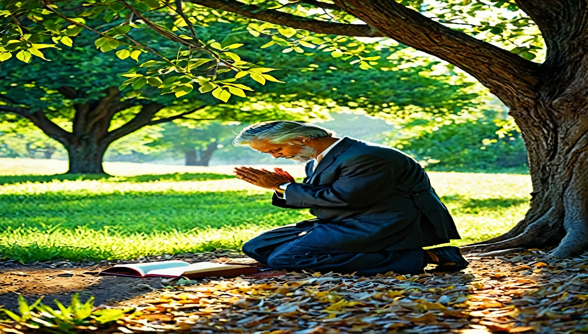 Raise a calm glass, on a peaceful day, A man kneels, in voracious prayer. Bible in hands, words of light, Seek the comfort that faith always translates.The shadow of the tree, shelter and refreshment, A sacred encounter, an ethereal moment. With eyes closed and heart open, Hours fervently, look for the right path.Every leaf that falls, a divine whisper, Guiding your words, showing the destination. On sacred ground, your soul surrenders, To God omnipresent, his life he extends.Under the tree, symbol of life and shelter, A man and his faith, in an old dialogue. kneeling in prayer, his strength he renews, Find answers in the Bible, and peace finally proves.