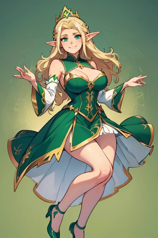 female, blonde long hair, blue eyes, elf, pointed ears, (((1girl))), (((green sleeveless regal dress))), (white corset), (gold crown), (green detached sleeves), (white stockings), (green heels), cute and sexy, full body, huge breasts, long legs, smiling