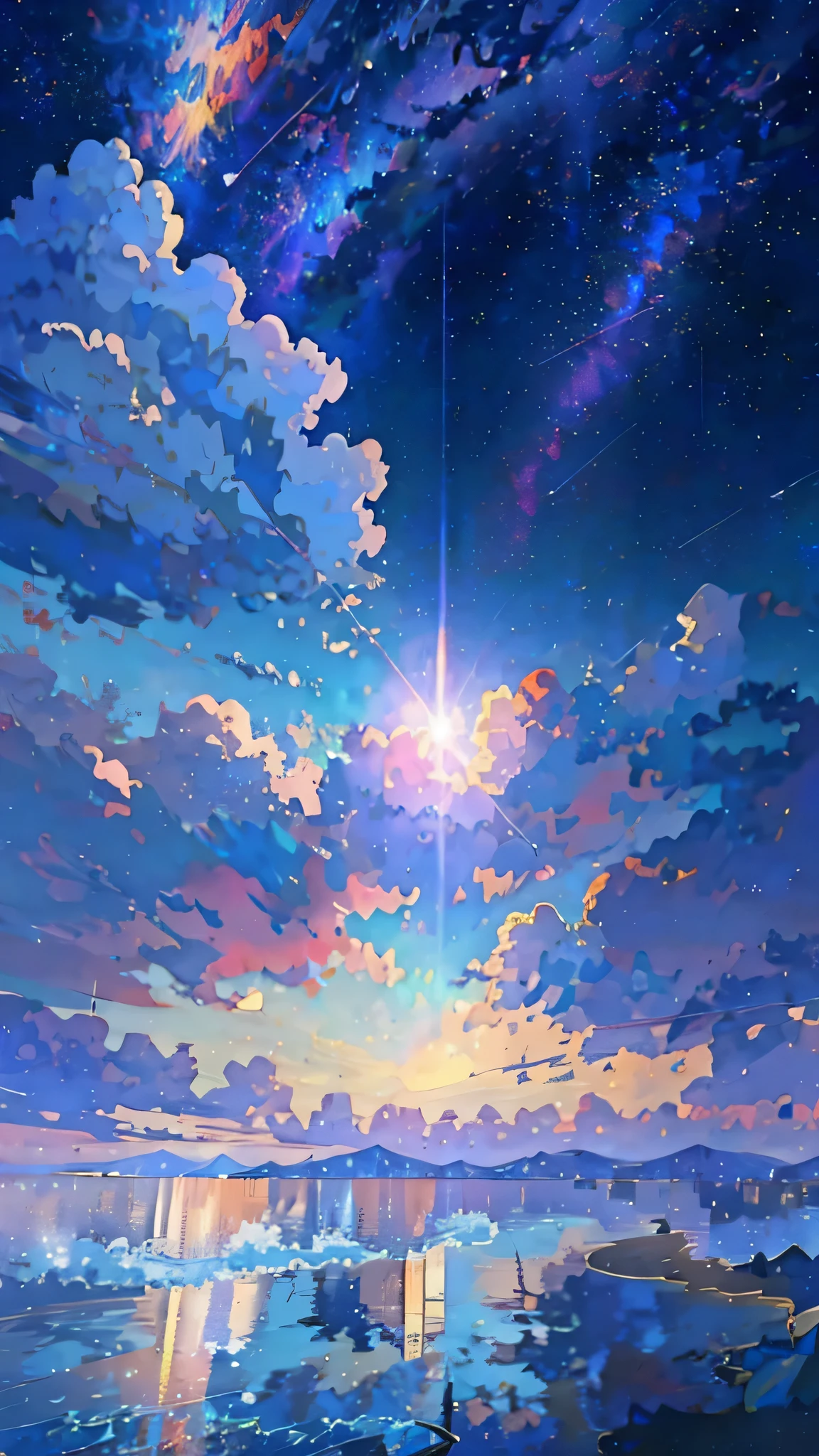 anime scenery of a beach with a star filled sky, cosmic skies. by makoto shinkai, ethereal starlit city at sunset, cloudy, anime sky, star(sky) starry_sky, anime beautiful peace scene, anime background art, beautiful anime scene, a beautiful artwork illustration, style of makoto shinkai, endless cosmos in the background