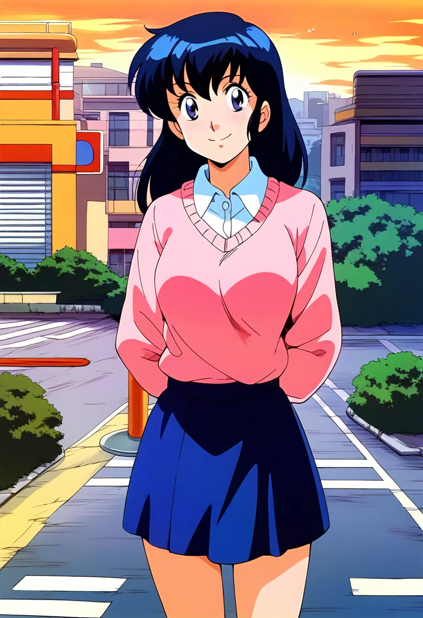 kyoko,score_9,score_8_up,score_7_up,source_anime,1girl,solo,looking at viewer,city,streetscapes in the 1980 s,asphalt pavement,pavement,lamppost,power_lines,orange sky,dusk,pink sweater,white collared shirt,long_skirt,blue skirt,cowboy_shot,front view,standing,smile,:d,arms_behind_back,裸、マンコ、オナニー