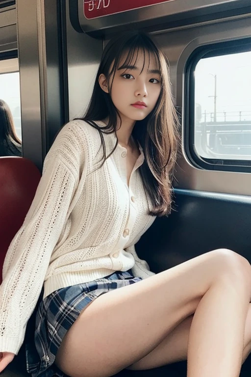 (Realistic:1.3), Shadowy Face, Depth of written border, , 
Beautifully detailed illustrations,Great art,(((Very detailed))),
One girl sitting,bangs,high school girl,sleep,close your eyes,White panties,skirt,
Cowboy Shot,from before
,(((Very detailed))),in the train，ミニskirt, I can see her panties，