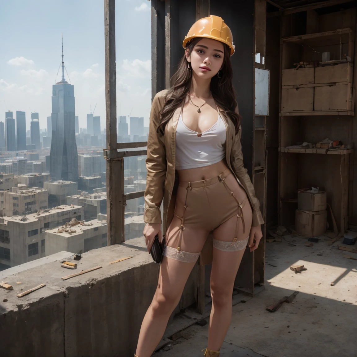 (masterpiece, best quality, hires, high resolution:1.2), extremely detailed, realistic, highres, (Volumetric lighting, sunlight, cinematic lighting, rim lighting:1.25),
20 yo woman, (fit, slim:0.7), (long hair:0.7), sexy, perfect body, detailed gorgeous face, freckled skin, pale skin, long hair,( stockings:1), (shirt:1), (work suit, jacket, worker helmet, worker garterbelt:1)
,
(standing:1.2) ,
(full body:1.3) ,
(necklaces:1),
(sneakers:0.75),
(hammer, screwdriver:0.5),
(background in a construction site on a skyscraper, workers on the background:1.1), sunny day, radiating an atmosphere of opulence and relaxation.