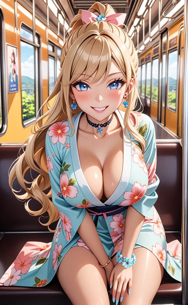 ultra-detailed, ((one girl)), in pastel colors gyaru, (heavy makeup), hyper detailed, absurdres, 8K, Beautiful Face, (Laugh shyly), ((teasing smile:1.8)), ((Wink:1.5)), (Laugh with your mouth wide open),((Tilt your face:1.6)), View your viewers, ((full-face blushed:1.6)),Glossy Red Lips, (tan skin:1.5), ((Big Breasts:1.5)), ((show off breast)), ((undressing)), noon, on the train, (Brighten your face), ((Anime style background)),masterpiece, Highest quality, so beautiful,Latest, Complex details, (Pink long nails), (nail art), (ring),(bracelet), (Floral Choker),AI-generated, Complex,High resolution, Highest quality, super high quality,3D Images、3D Images,One person, (Blonde long hair), (High Ponytail), (wavy hair:1.3), Pastel anime woman posing for a photo, ((Fine grain、blue eyes、glowing eyes:1.4)), (Squint your eyes:1.1),a hyperRealistic , hyperRealistic , Realistic,Long blonde anime woman, Smooth anime CG art, A girl in a gorgeous pastel-colored kimono, ((Pastel colored long sleeve kimono)),(Pink large floral pattern), Long flower hair ornament,Floral Earrings,Mature Body, tall, Tight waist,((Sit in the seat)), ((leaning forward:1.6)), ((hand between legs:1.5)), (front view), (from above),