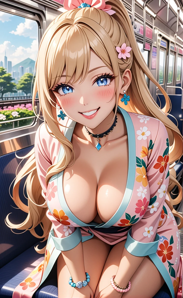 ultra-detailed, ((one girl)), in pastel colors gyaru, (heavy makeup),  hyper detailed, absurdres, 8K, Beautiful Face, (Laugh shyly), ((teasing smile:1.8)), ((Wink:1.5)), (Laugh with your mouth wide open),((Tilt your face:1.6)), View your viewers, ((full-face blushed:1.6)),Glossy Red Lips, (tan skin:1.5), ((Big Breasts:1.5)), ((show off breast)), ((undressing)),  noon, on the train, (Brighten your face), ((Anime style background)),masterpiece, Highest quality, so beautiful,Latest, Complex details, (Pink long nails), (nail art), (ring),(bracelet), (Floral Choker),AI-generated, Complex,High resolution, Highest quality, super high quality,3D Images、3D Images,One person, (Blonde long hair), (High Ponytail), (wavy hair:1.3), Pastel anime woman posing for a photo, ((Fine grain、blue eyes、glowing eyes:1.4)), (Squint your eyes:1.1),a hyperRealistic , hyperRealistic , Realistic,Long blonde anime woman, Smooth anime CG art, A girl in a gorgeous pastel-colored kimono, ((Pastel colored long sleeve kimono)),(Pink large floral pattern), Long flower hair ornament,Floral Earrings,Mature Body, tall, Tight waist,((Sit in the seat)), ((leaning forward:1.6)),  ((hand between legs:1.5)), (front view), (from above),