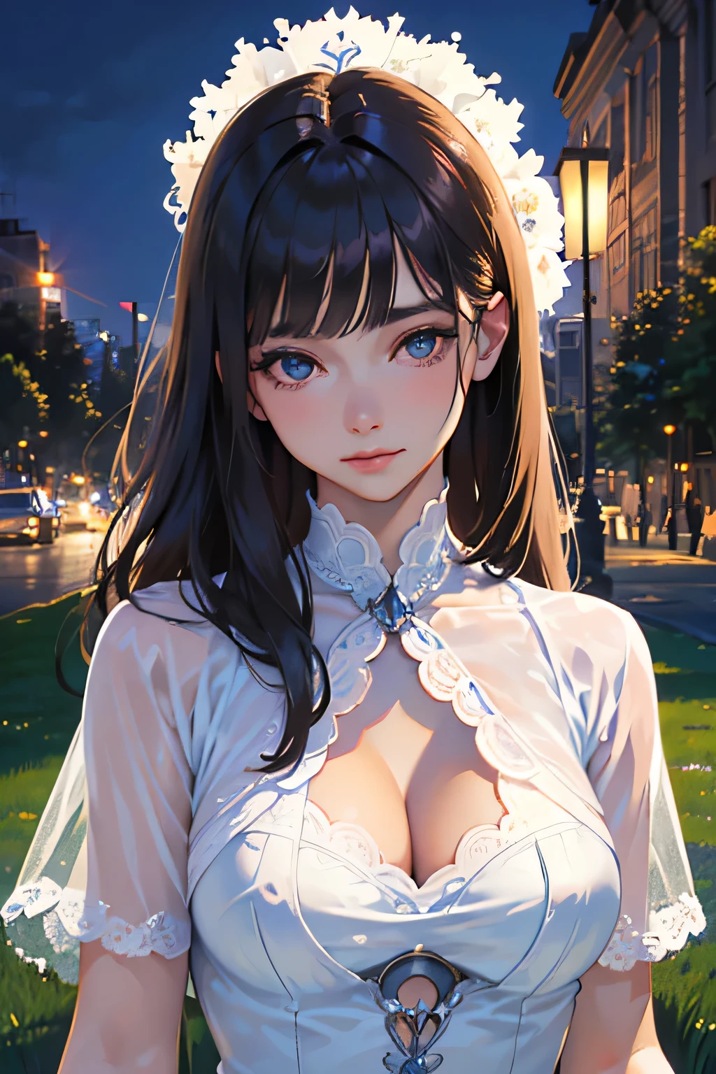 masterpiece, top quality, super detailed, high resolution, (realistic, photorealistic:1.37), excellent anatomy, beautiful 1 woman, looking down, upper body, (pale skin:1.2), RAW photo, shiny skin, shiny hair, (medium length hair and bangs), (wavy hair), (brown hair), (blue eyes), (white T-shirt:1.5), (v neck:1.5), (cleavage:1.5), smile, (midnight in the park:1.5), (night sky:1.5), best light, best shadow, mysterious, perfect face, highly detailed,