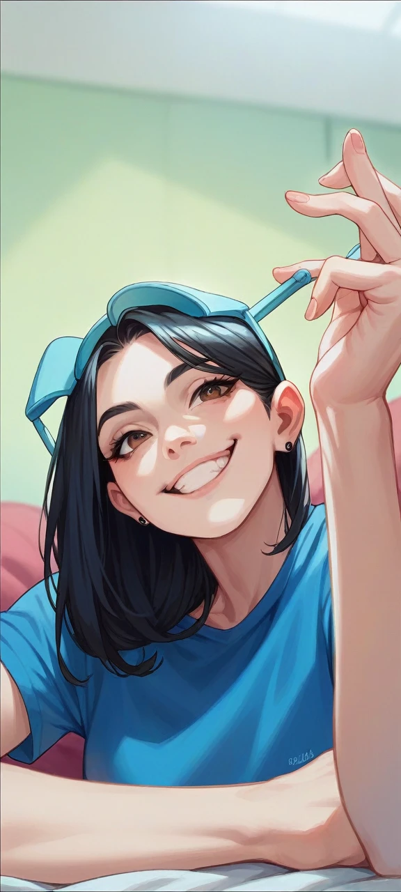 Gamer girl, brown eyes, black hair, soft smile, dark romm with low light.