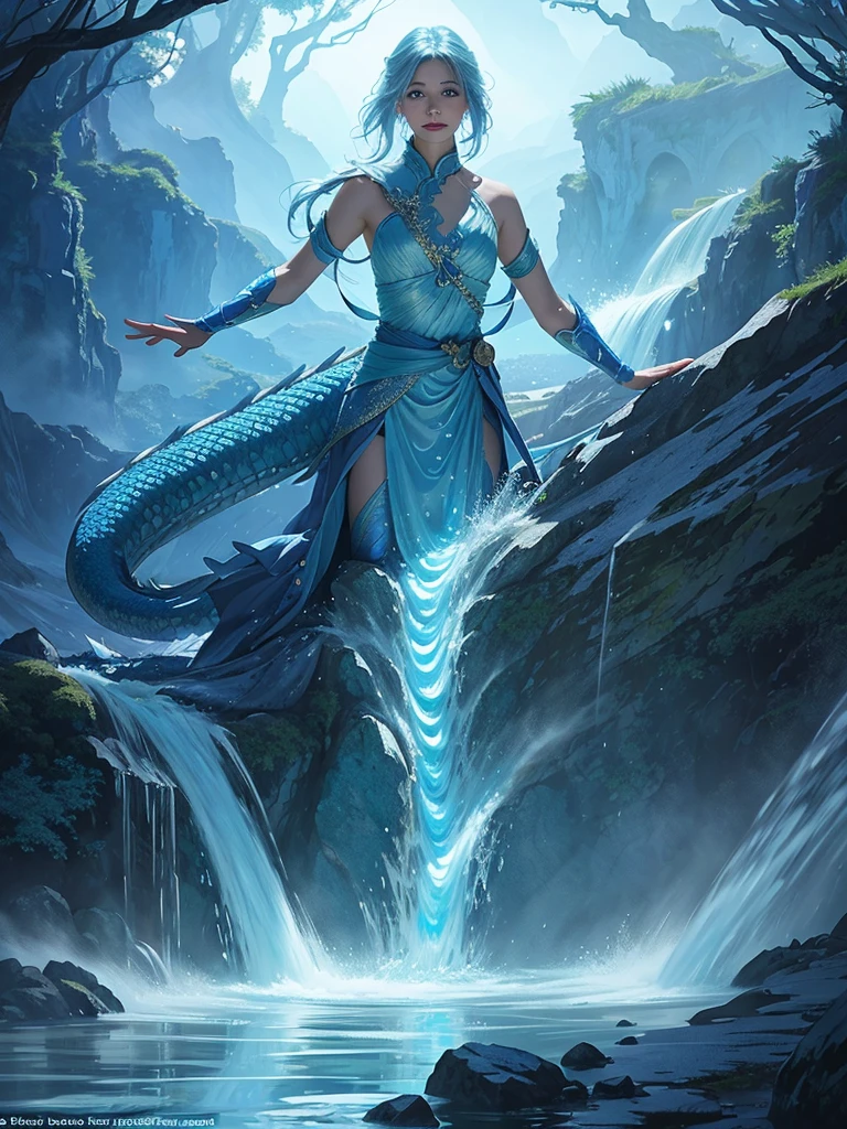 Create an illustration of a person with water dragon powers. The individual should be depicted in an epic fantasy style, surrounded by swirling water and ethereal blue light. They should have dragon-like features such as scales and glowing eyes. The background should feature a majestic waterfall and misty mountains, with the dragon spirit visible in the water currents, creating a sense of awe and magical power