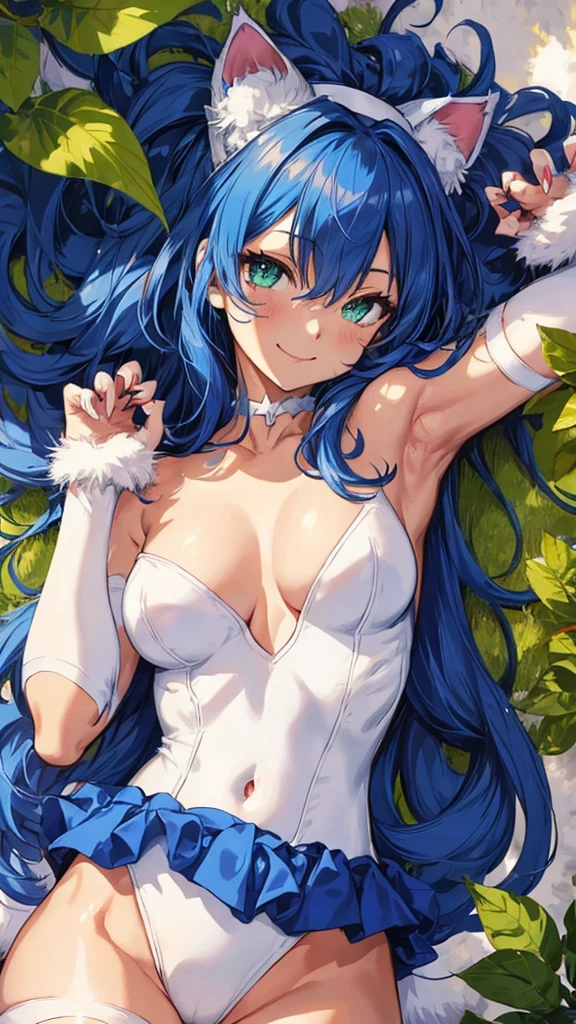 felicia, cat girl,smile, slit pupils,(cat claws,cat paws),(White fur leotard:1.3),navel,(blue hair,wavy hair), cat ears, green eyes,large breasts,(lying,Sunbathing),Place your palms on the floor,masterpiece,Noise Reduction,perfect anatomy,high resolution, ultra-detailed,game cg,dutch angle ,beautiful detailed eyes,visualart,five fingers, perfect hands, perfect lighting,