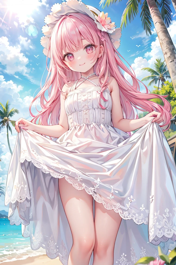 masterpiece, best quality,
1girl, view from below,
(lift up the white dress:1.4), (white dress:1.3), school swimsuit, pink hair, smile,
sandy beach,