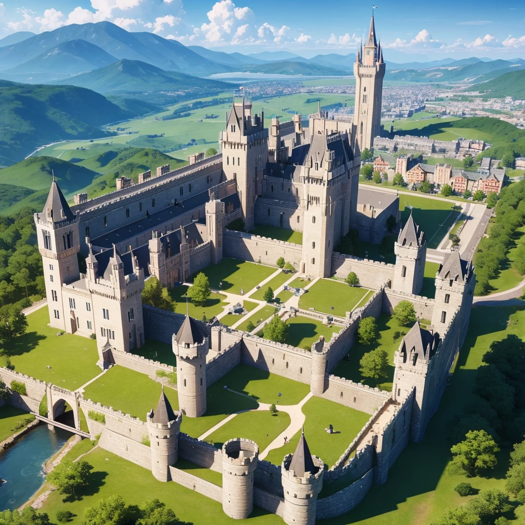 Create a fabulous ultra-realistic castle with solid white walls and tall towers, Castle surrounded by beautiful medieval town ,hexagonal walls ,in the middle of a mountain, isometric view,high quality ,Masterpiece,High level of details .