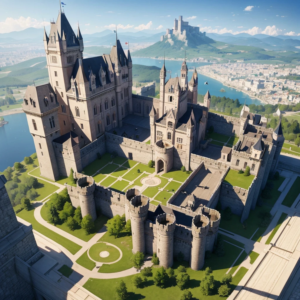 Create a fabulous ultra-realistic castle with solid white walls and tall towers, Castle surrounded by beautiful medieval town ,hexagonal walls ,in the middle of a mountain, isometric view,high quality ,Masterpiece,High level of details .