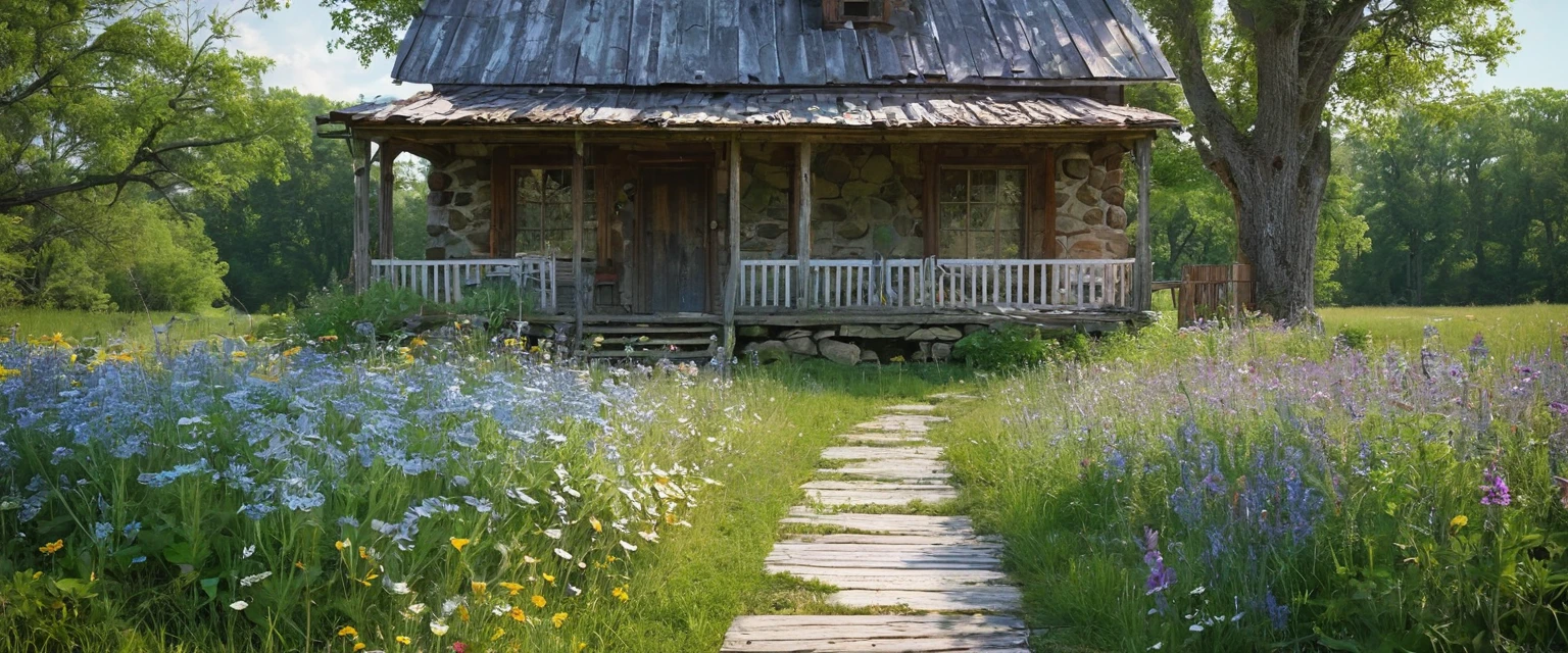 a rustic, weathered structure nestled amidst rolling green fields, surrounded by a white picket fence, with a charming stone pathway leading up to its front porch. The cabin itself boasts a sturdy, timber frame, adorned with intricate carvings, showcasing the craftsmanship of a bygone era. Its windows, adorned with lace curtains, invite warm sunlight to filter through, casting gentle shadows on the wooden floors within. The surrounding landscape is dotted with blooming wildflowers, their vibrant hues contrasting against the rustic backdrop. A gentle breeze rustles the leaves of the towering oak trees, their branches providing shade and a sense of tranquility. The air carries the faint scent of freshly cut grass and the distant melodies of chirping birds. The atmosphere exudes a peaceful and idyllic charm, transporting the viewer to a simpler time.、Clear dots of color、Highly detailed ::n_style Anime、Photorealsitic、Deformed、glitched、highcontrast、noisy ::seed 1000
