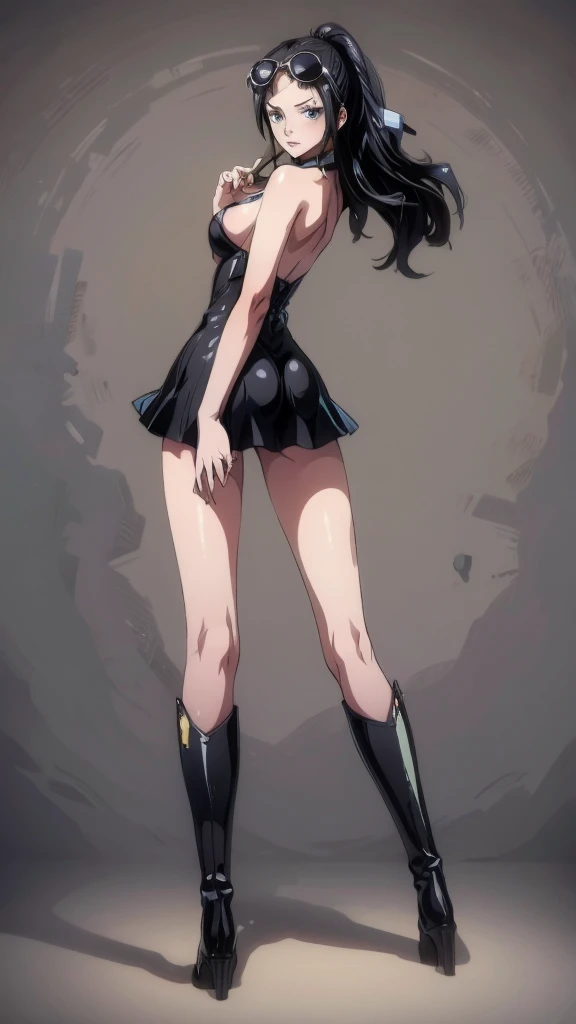 1girl, solo, boots, eyewear on head, black hair, dress, high heels, sunglasses, short dress, long hair, looking back, breasts, ponytail, nico robin, legs，medium_breasts，sideboob