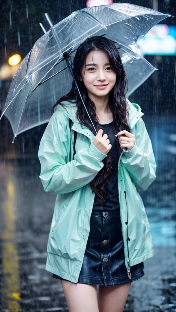 A woman, rain-soaked hair, rain-soaked clothes, messy hair, whole body wet with rain, 20 years old, beautiful, pretty face, cute face, rainy cityscape