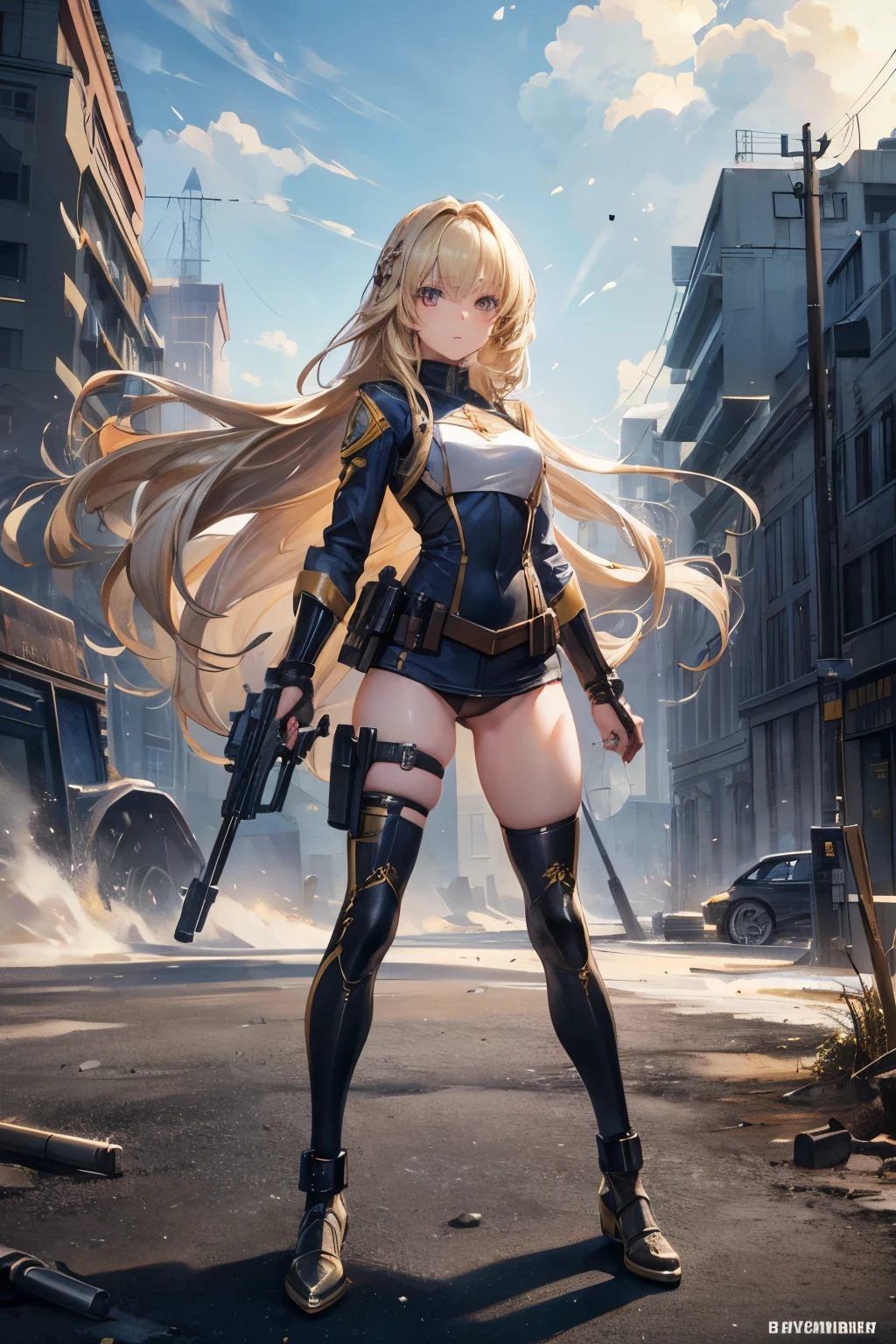 masterpiece,Highest quality,Very detailed,beautiful girl, ager,Long blonde hair,Beautiful and detailed eyes,skinny,Small breasts, full body,Dynamic,Combat Uniform,gun,battlefield
