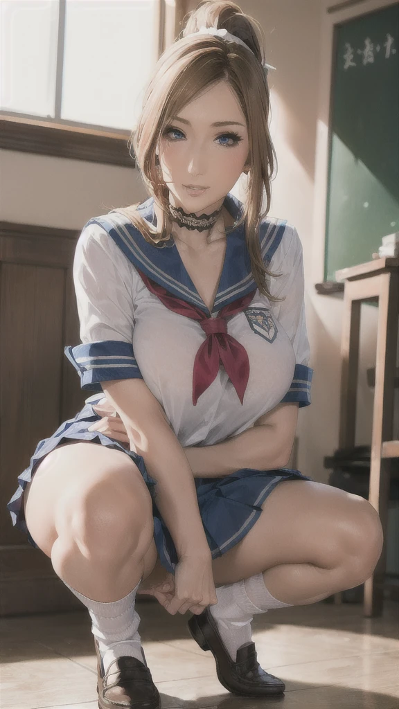 ((Correct Anatomy)),(Female student),((school uniform)),((Sailor suit)),((White lace panties)),(Mini Pleated Skirt),(((White loose socks))),((squat)),Ultra-high resolution,Mature Woman, Mature Woman, Very detailed,Sunburned skin,Brown Skin,((Beautiful feet)),(Big Breasts),((Beautiful legs)),Perfect hands, Detailed fingers, Beautiful details, ((Long blonde hair)),((ponytail)),Black Choker, Earrings,loafers,Embarrassing,Perfect Eyes, Captivating eyes,(School)