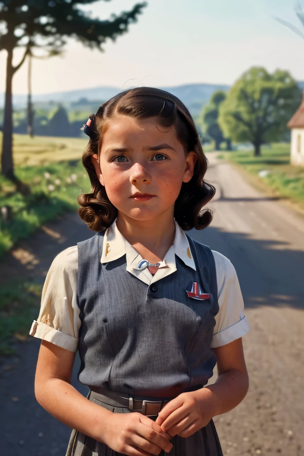 France, 1940. A little ((((12-year-old)) Marie-Laure LeBlanc)), freckles, in a country road, ((worried expression)), ((((clothings from the 1940s)))), ((dark hairstyle of the 1940s))