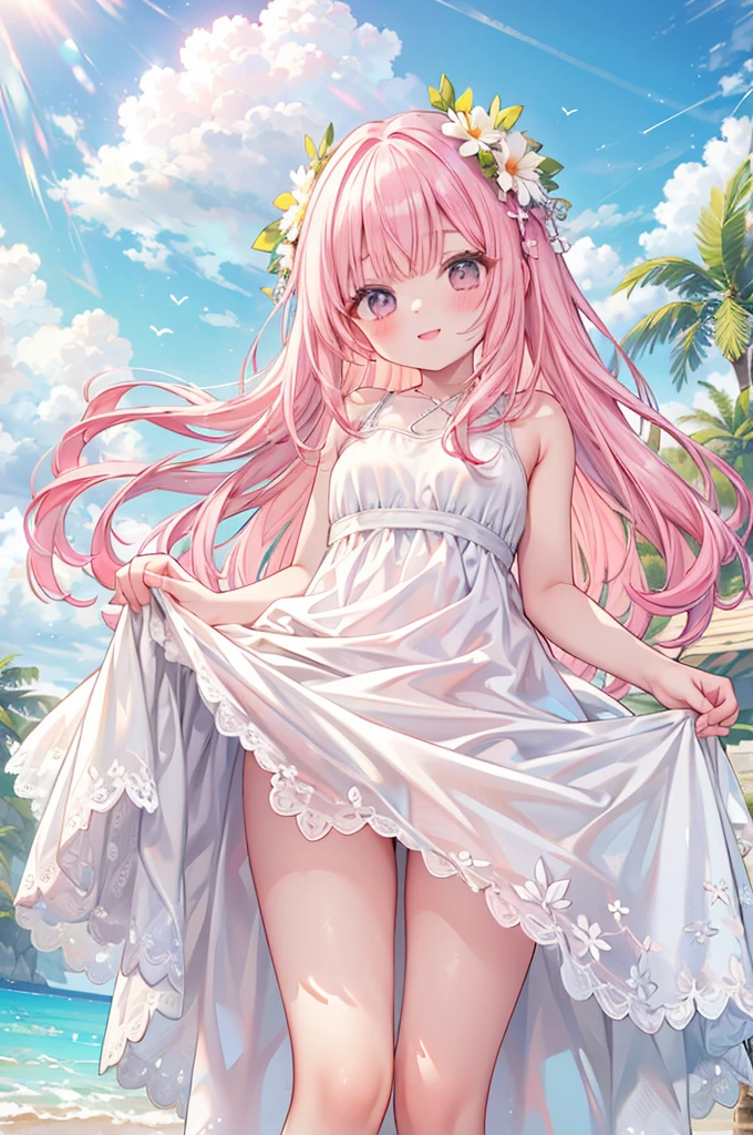 masterpiece, best quality,
1girl, view from below,
(lift up the white dress:1.4), (white dress:1.3), school swimsuit, pink hair, smile,
sandy beach,