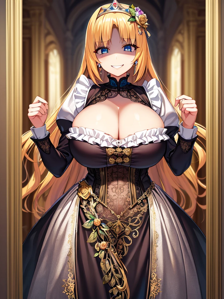 ((Anime art style)),(masterpiece),(Highest quality), (Very detailed),((Very delicate and beautiful)),((alone)),((whole body)),((1 princess in a gorgeous Victorian dress)),Lots of frills,Detailed face and eyes,Jewel-like eyes,((There is a volume and、Very long straight hair)),((Gorgeous embroidery and lace)),Gorgeous corsage,See through,gorgeous hair accessory,Gorgeous sparkling jewel tiara,Gorgeous frills,((Huge breasts,Long chest)),Skin dents,((whole body)),((Skirt of Hope,crinoline)),Standing pose,Dynamic Angle,Show Viewer,Royal Victoria Palace,(((A gorgeous Victorian dress with rich embroidery)),whole body,Big Breasts, Grin、With a creepy smile, A smile with downturned corners,View your audience, blush, Open your mouth,Please place your hand on your chest