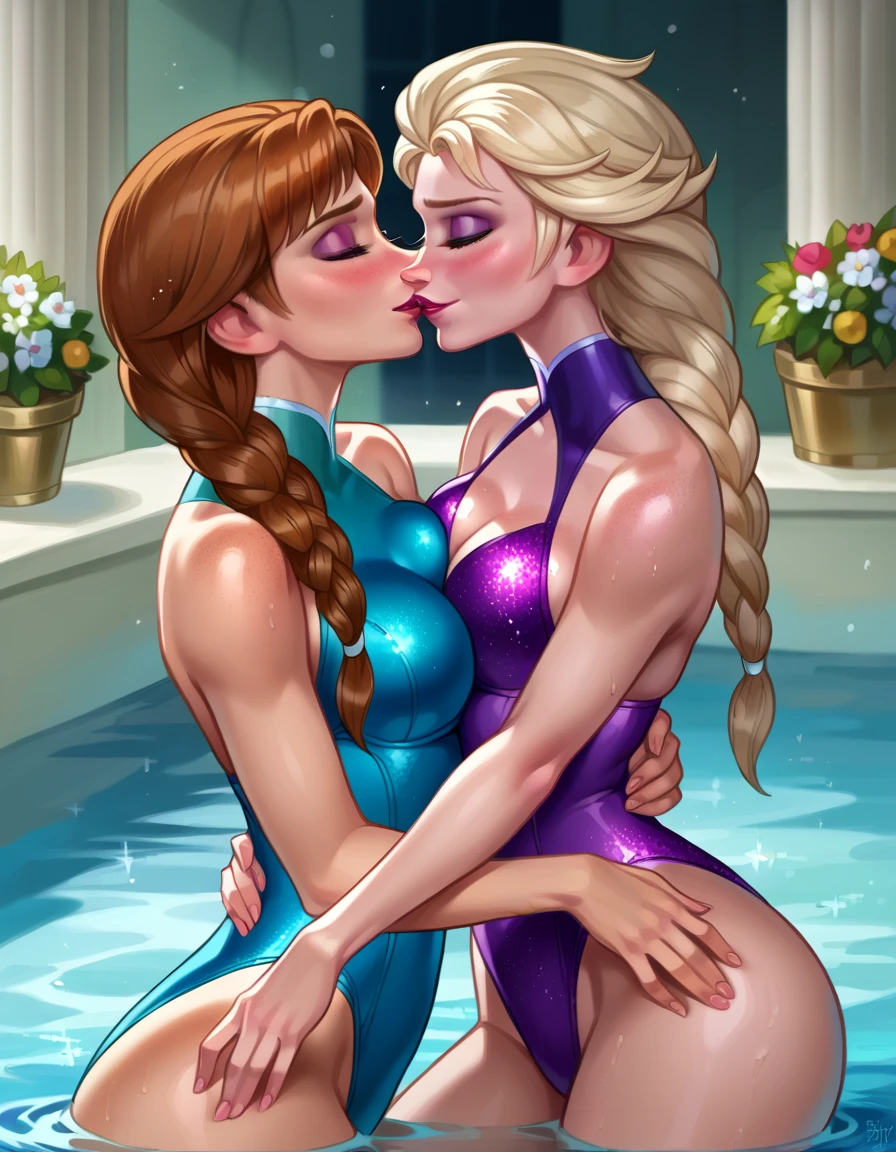 score_9, score_8_up, score_8_up, source_cartoon, detailed soft lighting, 2girls, (Elsa from Frozen, blonde hair, braids, sparkly ice blue swimsuit:1.6), (Anna from Frozen, brown hair, braided pigtails, purple swimsuit:1.4), yuri, girlfriends, lovers, cleavage, sexy swimsuits, Japanese bath, partially submerged, very detailed, beautiful eyes, beautiful face, beautiful lips, passionate kissing, embracing, blush, (masterpiece, best quality, highly detailed, beautiful).