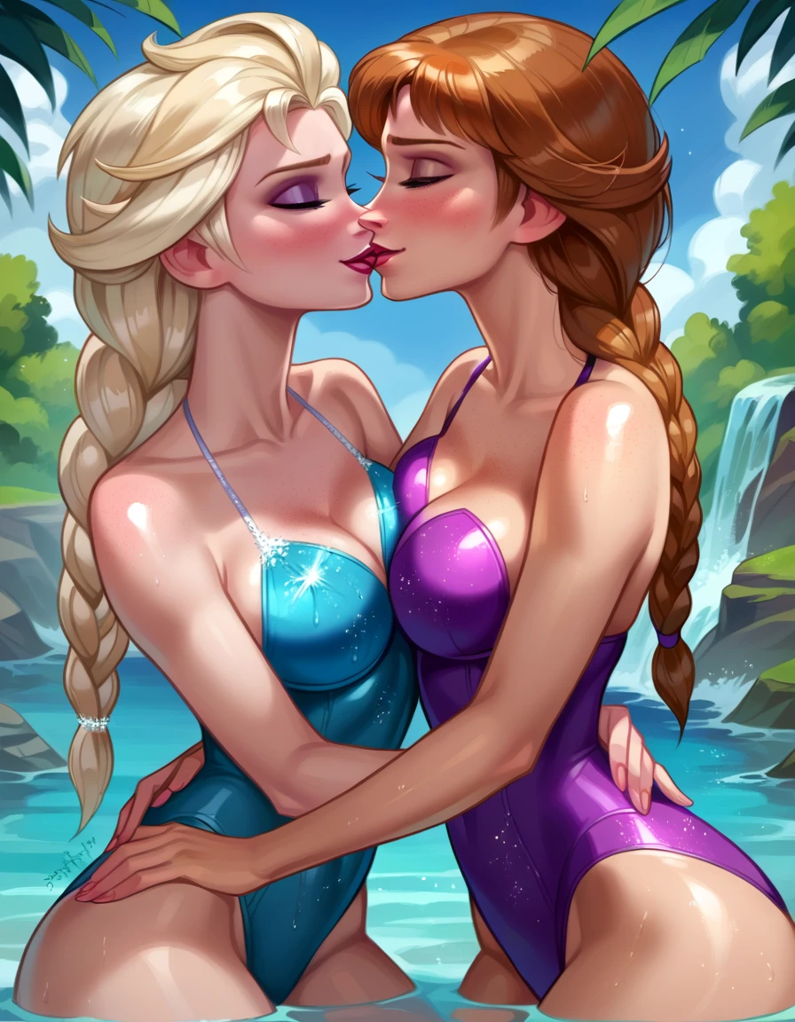 score_9, score_8_up, score_8_up, source_cartoon, detailed soft lighting, 2girls, (Elsa from Frozen, blonde hair, braids, sparkly ice blue swimsuit:1.6), (Anna from Frozen, brown hair, braided pigtails, purple swimsuit:1.4), yuri, girlfriends, lovers, cleavage, sexy swimsuits, Japanese bath, partially submerged, very detailed, beautiful eyes, beautiful face, beautiful lips, passionate kissing, embracing, blush, (masterpiece, best quality, highly detailed, beautiful).