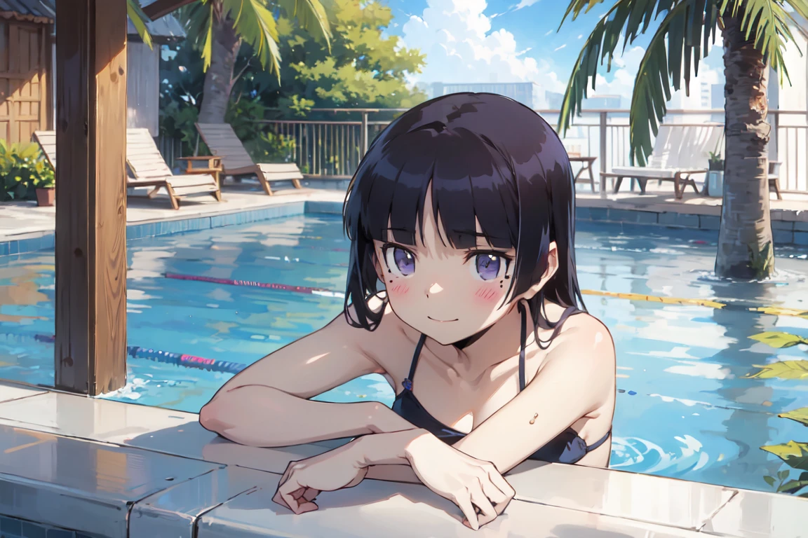 ((ruri gokou)), blush, Black Hair, Mole, Mole under eye, (Pool Party), bikini, (Cocktail), Poolside, Bright sun, Splash, Blue sky, Pool Float, Palm tree, summer, relax, smile, Friendly, Open, colorful