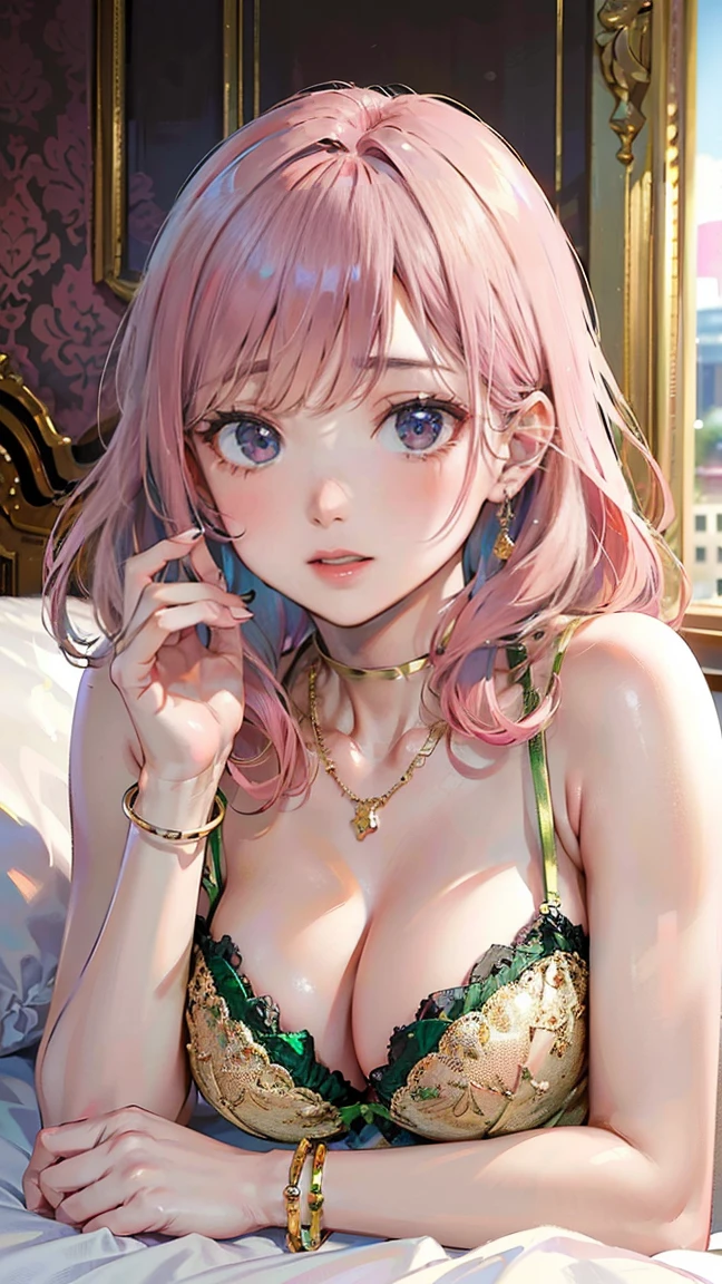 (Masterpiece, BestQuality:1.3), (ultra detailed:1.2), (hyperrealistic:1.3), (RAW photo:1.2), High detail RAW color photo, professional photograph, (Photorealistic:1.4), (realistic:1.4), (Pink Hair:1.5), professional lighting, perfect anatomy, (Big Breasts:1.2), (blush, detailed face), (cheerful Smile:1.5), Trending Hair&Trending Hairカラーをランダムに, earrings, necklace, bracelet, sexly, erotic sexly, Random sexy gravure poses, (A beautiful woman wearing emerald green silk lingerie、Lying in bed in a luxury hotel room、Put on a seductive look。A gold necklace shines on the chest。:1.3)