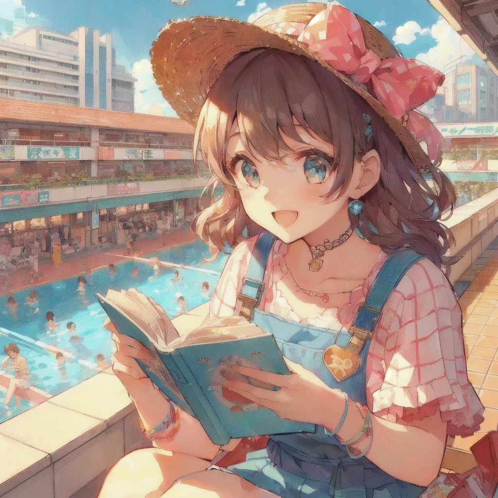 Anime girl reading a paperback book with a pool in the background,smile,Lo-fi Girl, digital Anime illustration, Gweiz-style artwork, Anime Aesthetics, Showa Town,Portrait of Rofi, Anime-style illustrations, Lo-fi Girl aesthetic, 80s anime style,Beautiful anime art style, Anime illustration, Landscapes by Ilya Kuvshinov, Tokyo Anime Scene, Summer Afternoon, Anime Style 4k