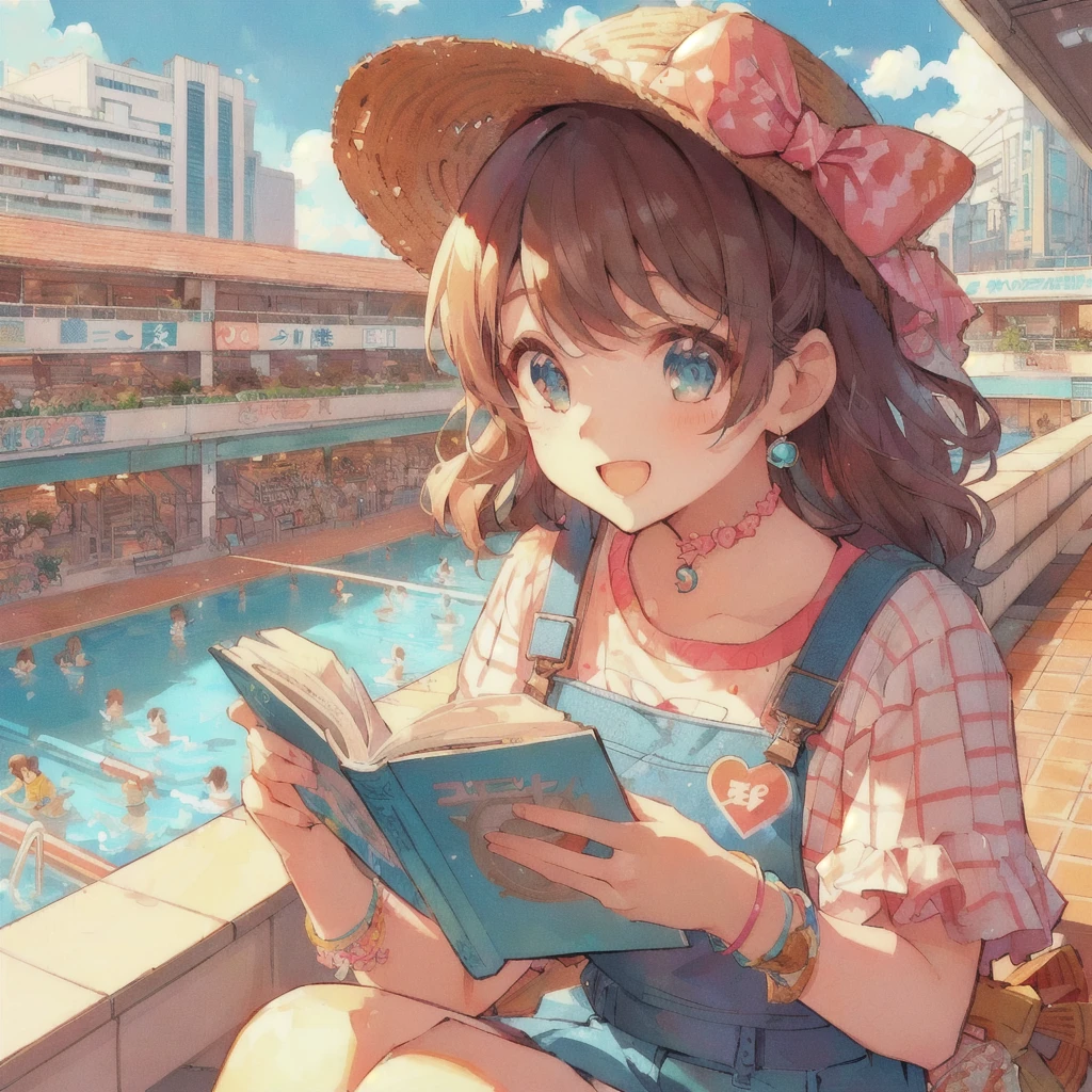 Anime girl reading a paperback book with a pool in the background,smile,Lo-fi Girl, digital Anime illustration, Gweiz-style artwork, Anime Aesthetics, Showa Town,Portrait of Rofi, Anime-style illustrations, Lo-fi Girl aesthetic, 80s anime style,Beautiful anime art style, Anime illustration, Landscapes by Ilya Kuvshinov, Tokyo Anime Scene, Summer Afternoon, Anime Style 4k