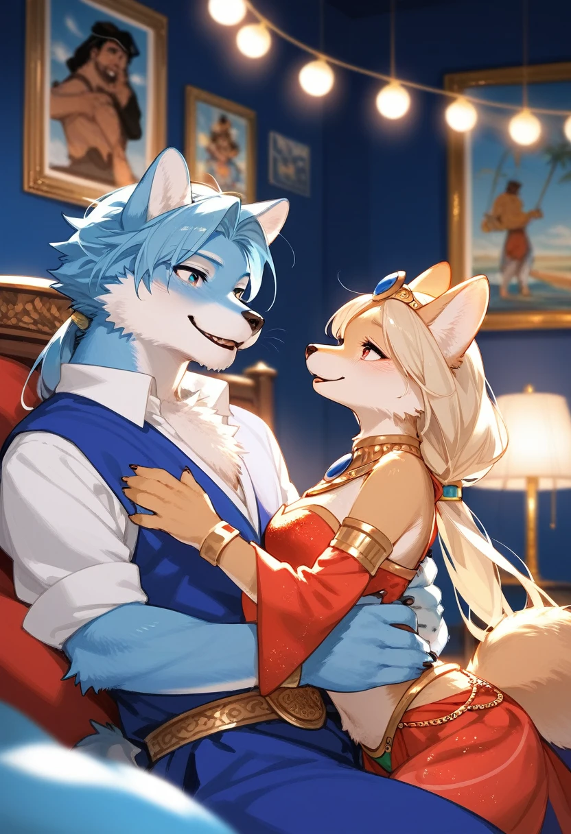 best quality,best resolution,(fluffy anthro furry :1.6),yellow cat girl flower bathing with blue cat girl,medium breasts,long hair,wavy hair,flowers around girls,gold light,huge flower bathing pool,beautiful bathroom,looking at viewer,full face blush,lesbians,heart eyes,heart expression eyes,french kissing