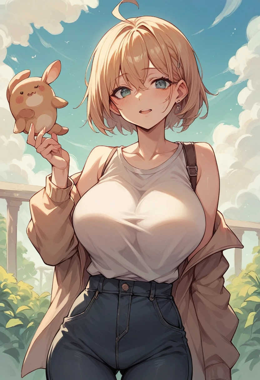 (realistic,painting_style,)mature, 1girl, solo, amelia watson, virtual youtuber,blonde hair, blue eyes, choker, flower, short hair, realistic eyes, head tilt, smug, looking_at_viewer, sky, mountain, outdoors, cloud, bangs, upper body, pink flower, collarbone, topless, parted lips, lips, lace trim, smile, black choker, mountainous horizon, cloudy sky, standing, holding_flowers, skirt, navel, large nipples, leather belt