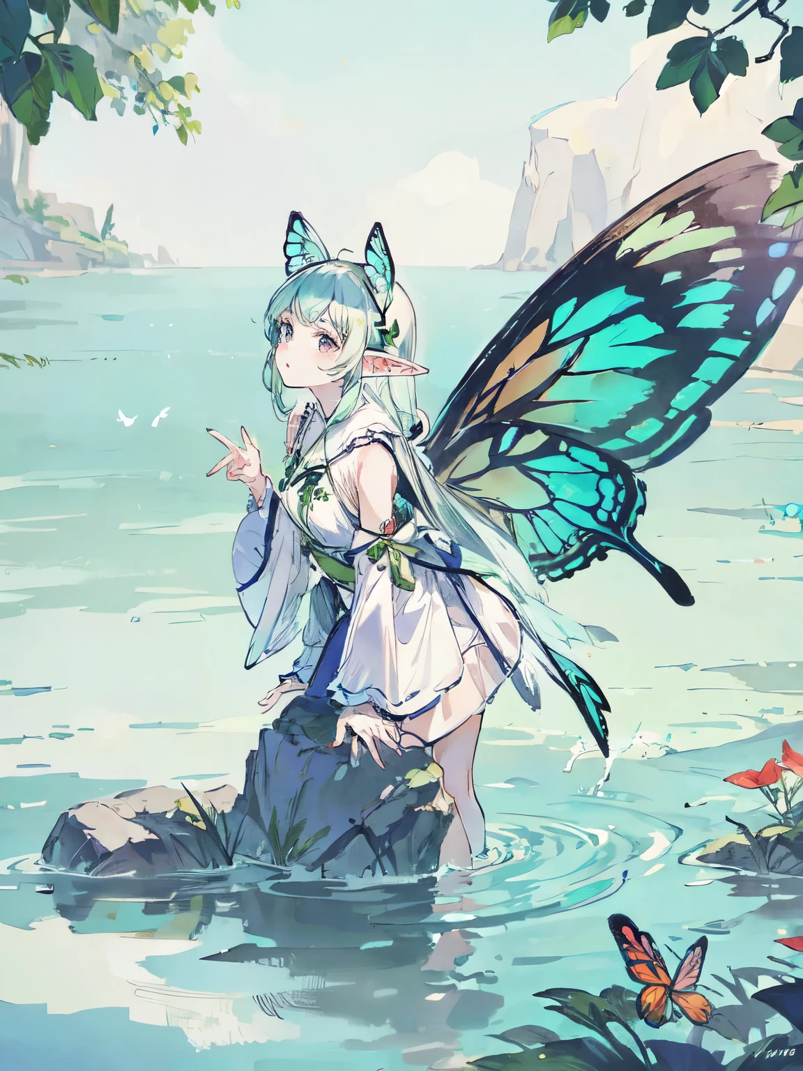Cute elf ears girl、Butterfly wings、Lakeside