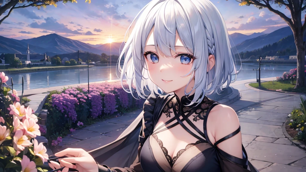 Ultra HD,Look at the viewers, Put your hands behind your back, With a girl, 20-year-old, 非常にShort Hair, Long bangs between the eyes, Pale blue eyes,  Very detailed,(masterpiece、Highest quality),Gray Hair、Laughter、Fantastic, Silver Hair, Iris,  Short hair、 Fluttering Hair、Small Face、明るいsmile、(Detailed face) ,Professional Lighting,Wonderful landscape,blue sky, sunlight,Looking down from above,Portraiture、Open your mouth、Flower Field、Her eyes were shining、Mysterious and enchanting atmosphere。With AI Painting、とてもShort Hair, Long bangs between the eyes, Very detailed,(masterpiece、Highest quality)、alone、Gray Hair、Fantasy, Silver Hair, Fantasyな風景、White shirt、smile、Open your mouth、short hair、Short Hair、hairpin、black eye、Grey Eyes、Beautiful Eyes、